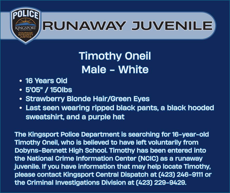 Runaway Juvenile Timothy Oneil Male - White 16 Years Old 5'05