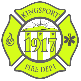 The Kingsport Fire Department emblem is a lime-green and grey Maltese cross. The top and bottom arches read 'KINGSPORT FIRE DEPT,' while the left and right wings display a stylized flame and the Star of Life medical symbol. The central circle features a silhouette of Bays Mountain under a rising sun, positioned above vertical stripes, three stars, and the department's founding year, 1917