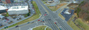 drone shot of traffic intersection